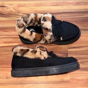 Black Faux Suede Moccasin Sneakers with Leopard Faux Fur Trim